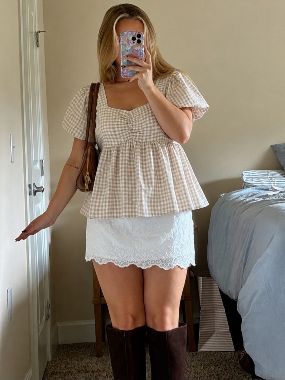 Old Navy | Viral Beige Gingham Puff Sleeve Peplum Top